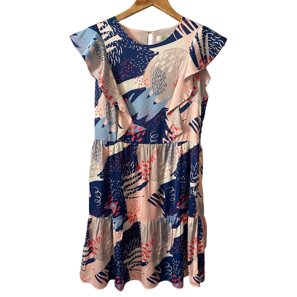Jade Melody Tam Womens Abstract Print Ruffle Tiered Mini Dress Navy Peach‎ Small
